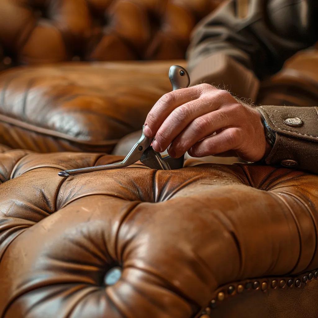 Technician repairing leather upholstery in a cozy living room