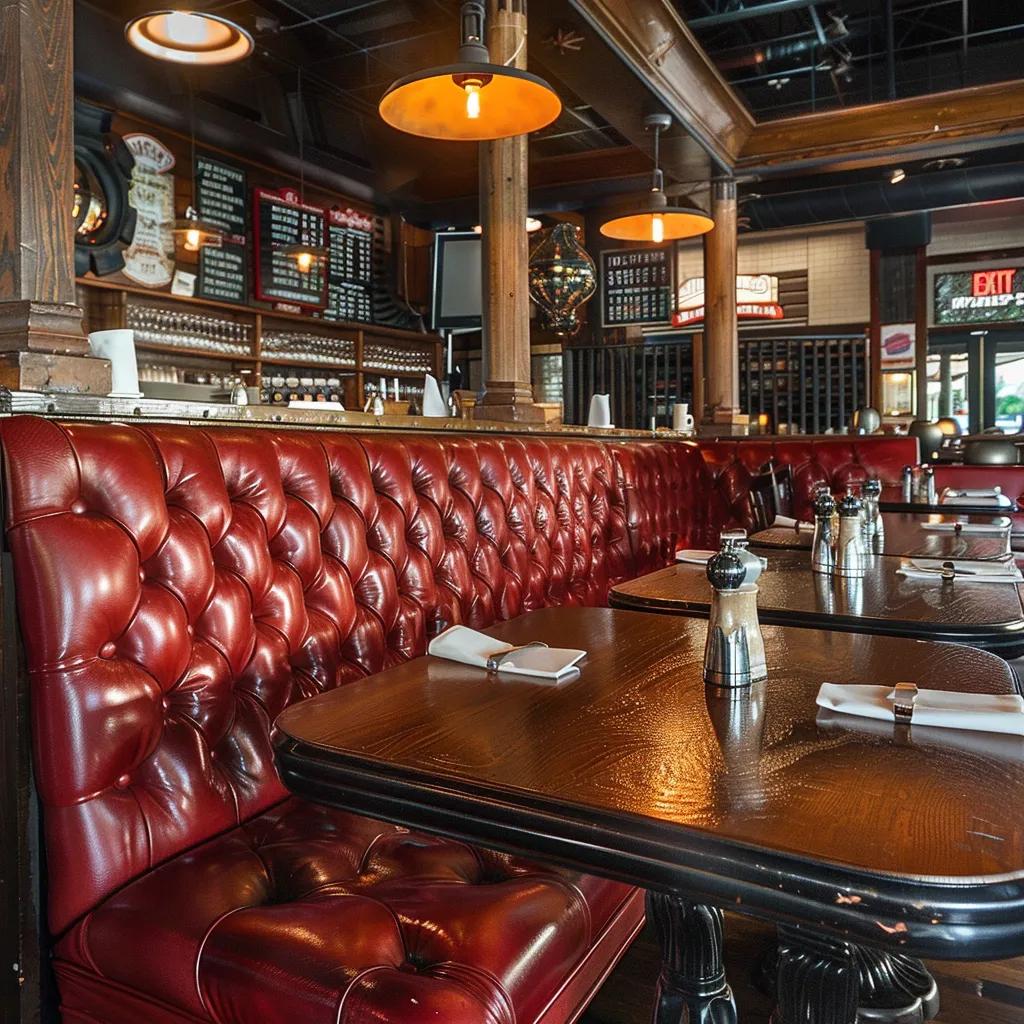 Restored leather seating in a busy restaurant booth