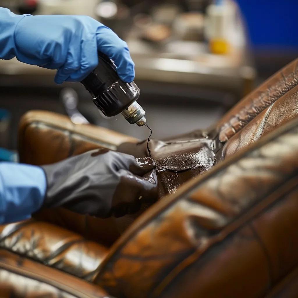Technician repairing leather car seat with dye application